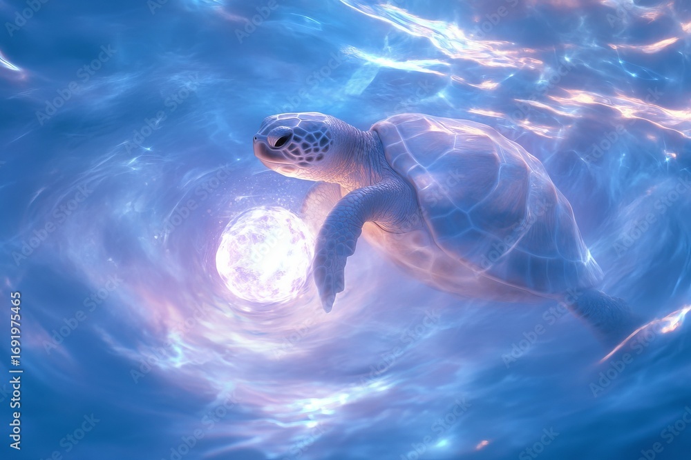 Fototapeta premium Surreal underwater scene with a turtle and glowing orb