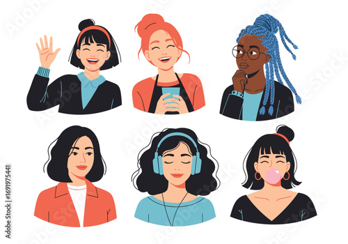 Diverse group of young women expressing different emotions and activities in a stylized illustration