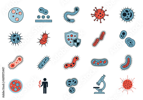 Collection of microscopic organisms viruses bacteria fungi and protozoa representing biology and health science concepts