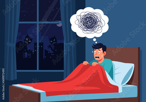 Young man experiencing nighttime fear and anxiety while trying to sleep with shadowy figures outside the window a common sleep disorder symptom