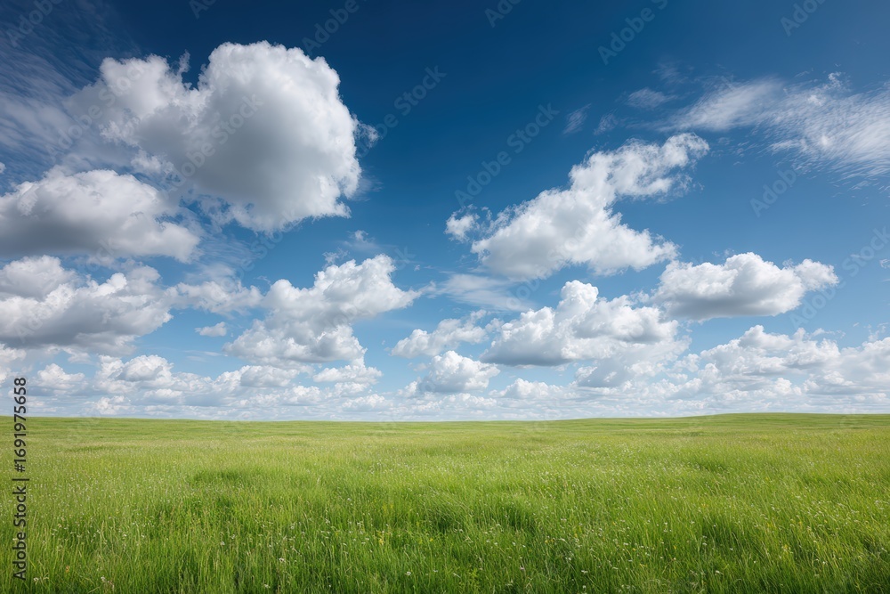 Obraz premium Serene summer meadow under bright blue sky with fluffy white clouds, captured in high-resolution daylight, perfect for calm environmental branding, eco messaging, and peaceful landscape visuals.
