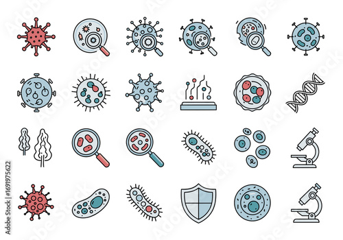 Microbial life forms and scientific exploration vector icons illustrating microbes and magnification tools