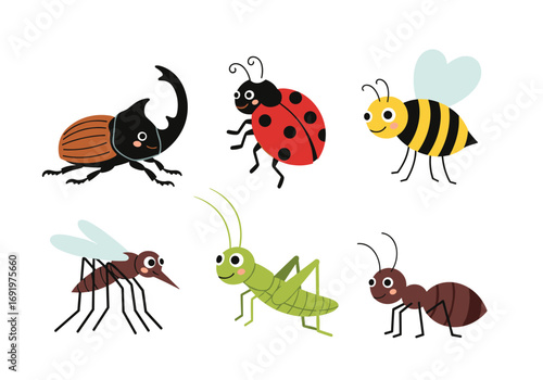 A charming collection of six diverse and adorable cartoon insects for educational purposes