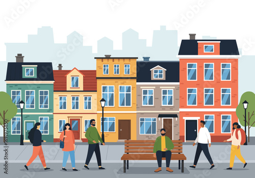 Diverse group of people enjoying a sunny day on a picturesque city street with colorful buildings and trees