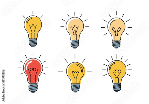 Six brightly lit incandescent light bulbs on a white background symbolizing ideas and creativity