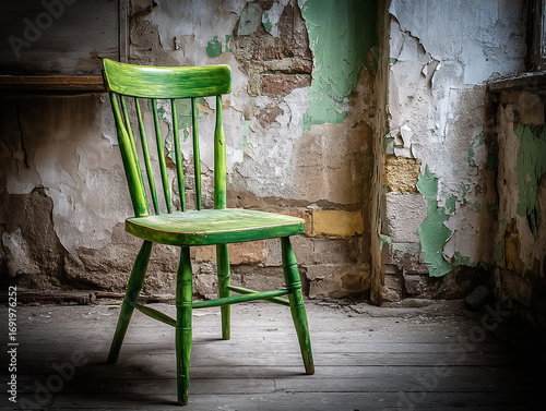 Worn Green Chair in Decaying Abandoned Interior Corner