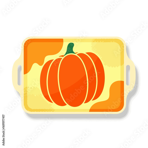 Decorative serving tray with a large orange pumpkin design, perfect for presenting food at a Thanksgiving holiday dinner party.