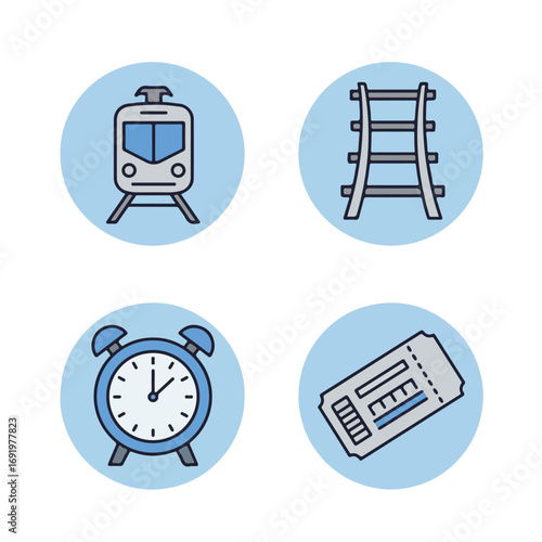 Train Travel Icons of transport, tracks, a clock, and a ticket on a light blue background