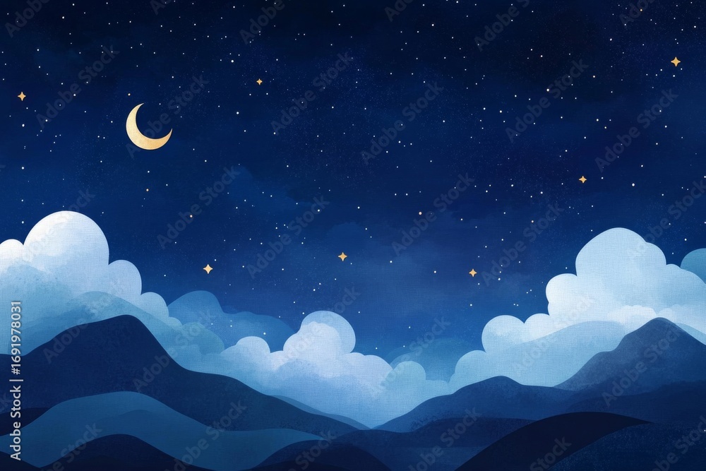 Obraz premium Dreamy celestial nightscape with crescent moon and stars for tranquil design