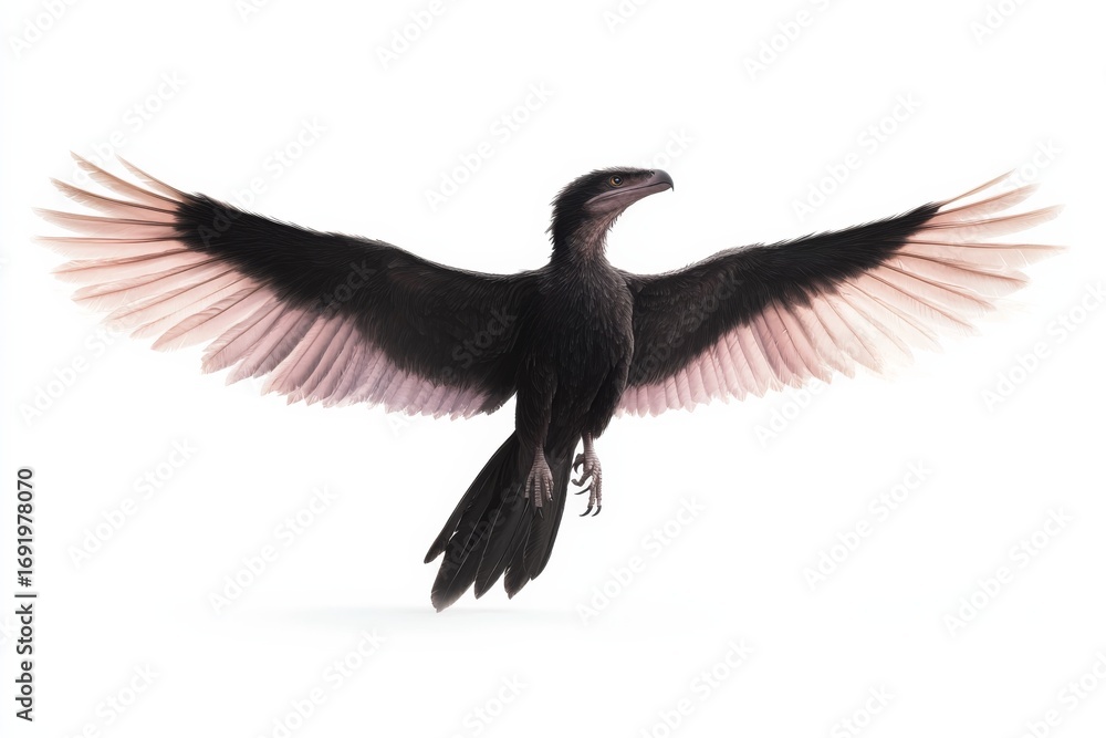 Fototapeta premium Photorealistic depiction of prehistoric feathered dinosaur in flight