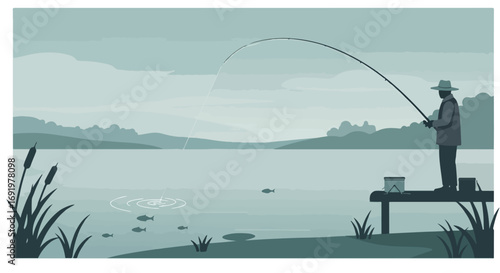 Silhouette fisherman catches a fish on a lake