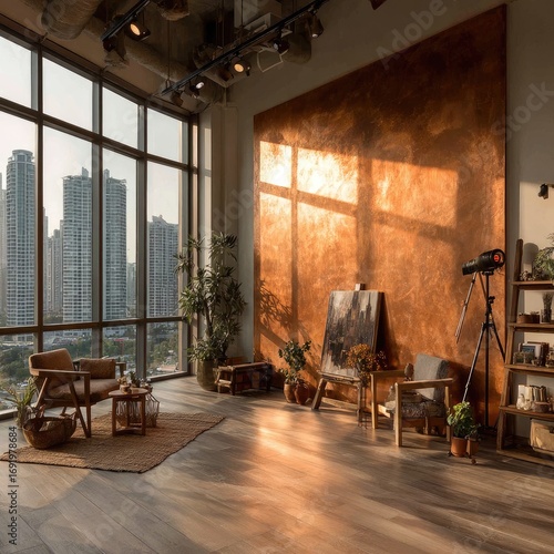 Sunlight streams into a modern loft studio with city views