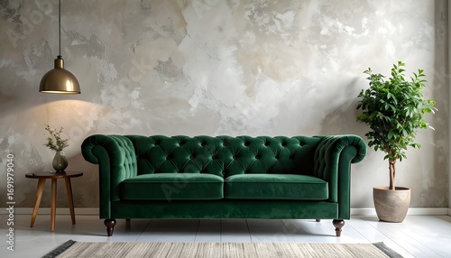 Dark green velvet loveseat in front of a textured neutral wall with copy space