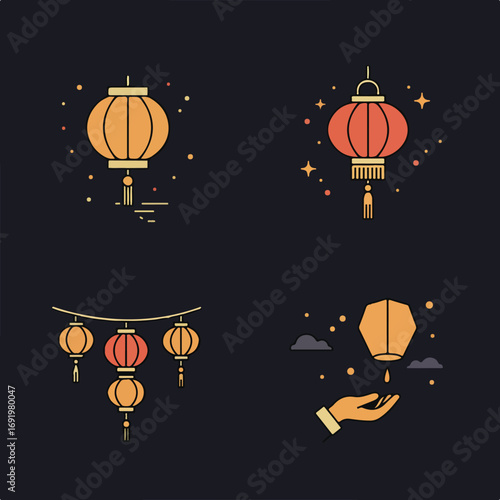 Lanterns Assorted red and yellow lanterns on dark background with sparkles and clouds