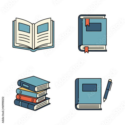 Study icons Open & stacked books, a book w/bookmark, plus one w/pen
