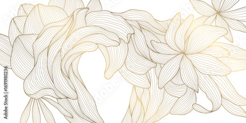 Vector luxurious gold floral vector illustration featuring elegant line art of leaves and blossoms, perfect for vintage inspired wedding cards, botanical wallpapers, or modern spring themed designs.