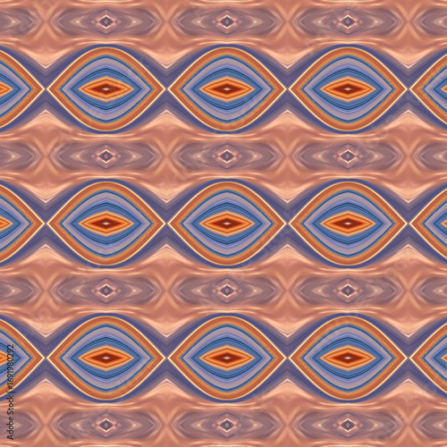 Abstract eye-shaped repeating pattern with earthy tones and blue highlights, modern kaleidoscope textile design.