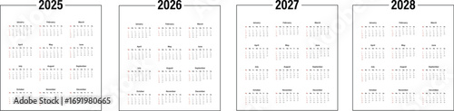 Calendar 2025, 2026, 2027, 2028 years. Calender templates. Planer grid. Week starts Sunday. Planner layout with 12 months. Desk diary in English. Vector illustration. Landscape orientation