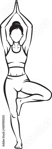 Woman Practicing Yoga Tree Pose. Minimalist Line Art for Wellness.
