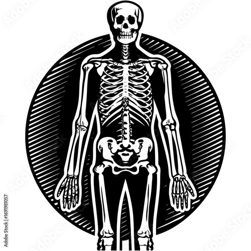 Highly detailed and anatomically accurate human skeleton standing upright in a neutral pose, viewed from the front. The skeleton should have realistic bone texture, lighting, and shading, set against 