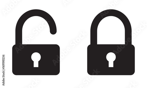 Locked and unlocked  icon.  Open and closed padlock security icons. Black silhouette icons of open and closed padlocks, representing security, privacy, protection. Flat security symbol. 