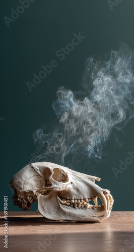Animal skull, smoke rising
