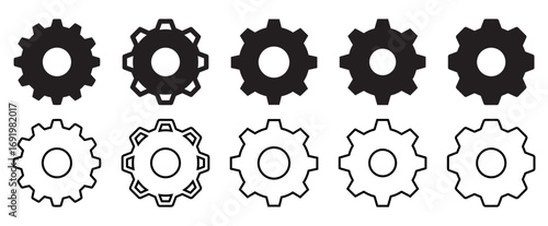 Collection of ten different black and white gear icons with varying tooth designs and styles isolated on transparent background