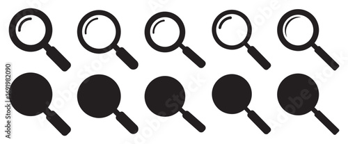 Collection of five magnifying glass icons in a row with their corresponding solid black silhouettes below isolated on transparent background