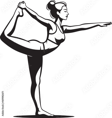 Graceful Woman in Dancer's Yoga Pose - Black and White Illustration