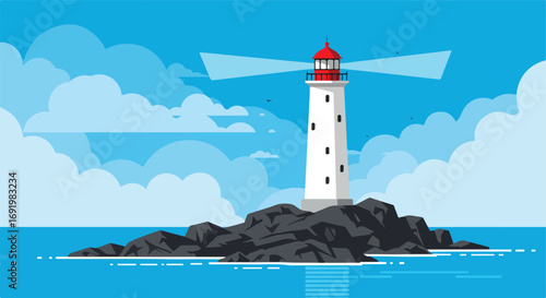 Cartoon lighthouse on rocky outcrop with water and cloudy blue sky
