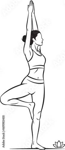 Woman in Tree Pose Yoga Line Art with Lotus Flower