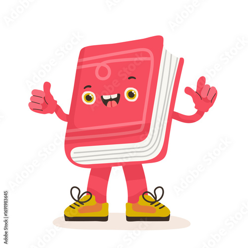 Pink book character with face, legs and hands, waving, doodle vector illustration for kids and baby design, white background.