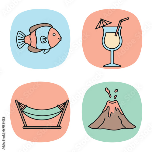 Travel icons fish, drink, hammock, volcano