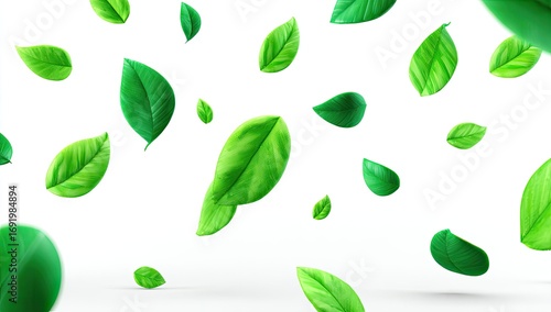 Green leaves falling against a white background