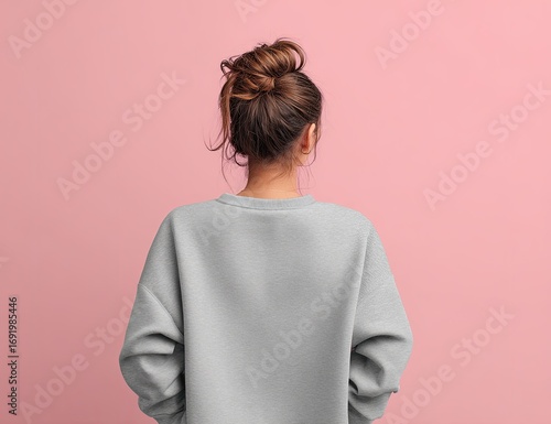 Rear view of a person wearing a light gray sweatshirt against a pink background.  A high messy bun is styled on the person's head