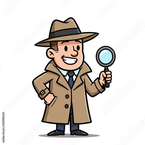 Smiling cartoon detective in brown trench coat and fedora, holding a magnifying glass with confident pose.