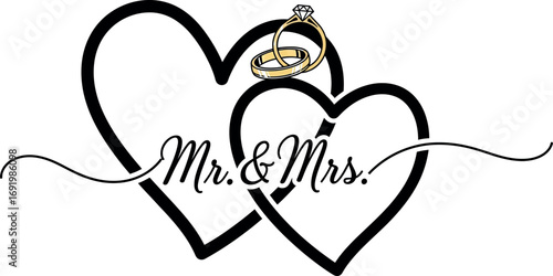 Elegant mr. & mrs. intertwined hearts wedding design with golden rings symbolizing love and commitment vector silhouette