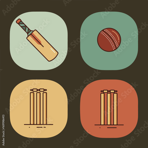 Cricket Bat, ball, and wickets in retro colors and rounded squares