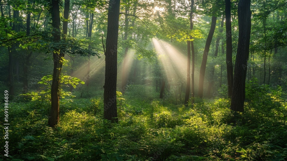 Fototapeta premium Sunbeams pierce through a lush, green forest, illuminating trees and foliage