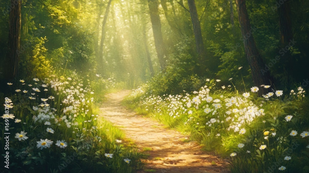 Naklejka premium Sunlight streams through trees, illuminating a path lined with daisies in a peaceful forest
