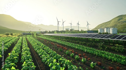 Sunlit farmland with solar panels and wind turbines in a valley at sunrise, showcasing sustainable energy production integrated with agriculture