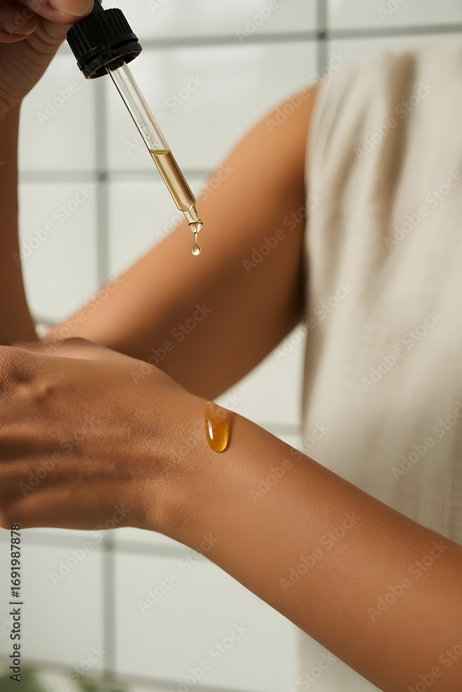 Obraz premium Close up of dropper with oil drop about to fall on skin skincare detail soft light minimal clean beauty
