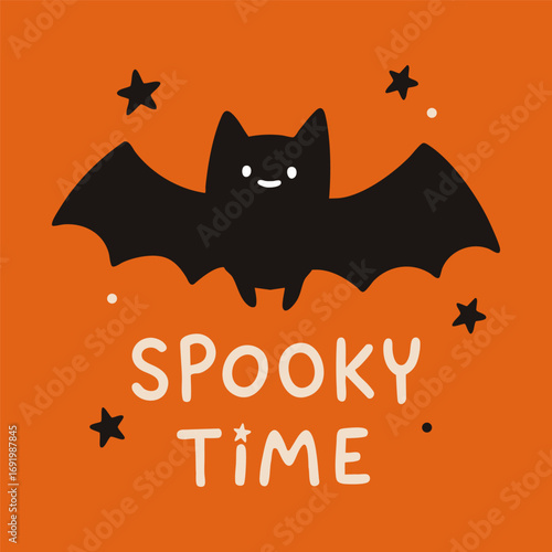 Black bat with spooky time lettering, hand-drawn vector illustration. Cute Halloween design for party invitations, kids t-shirts, posters, cards, and festive decorations.