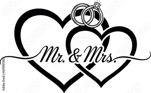 Elegant mr. & mrs. hearts design with wedding rings for romantic celebrations vector silhouette