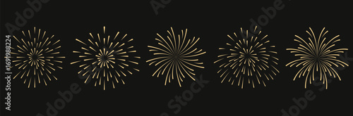 A set of vector fireworks bursts on a black background. Design for New Year, celebrations, and festive events.