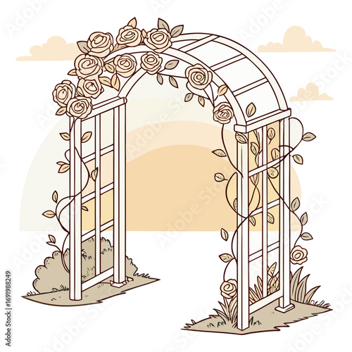 Romantic wedding ceremony arbor adorned with layers of soft pink and ivory roses, ivy vines curling through latticework, backlit by glowing sunset, with