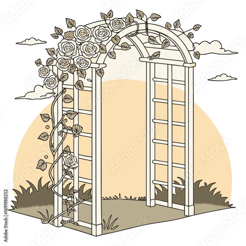 Romantic wedding ceremony arbor adorned with layers of soft pink and ivory roses, ivy vines curling through latticework, backlit by glowing sunset, with