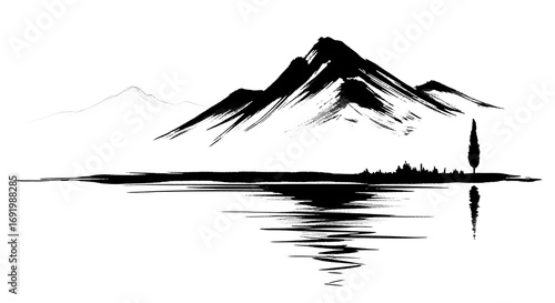 Abstract Japanese mountain ridge with pine trees and a lake ink wash in black and white watercolor texture with transparent background