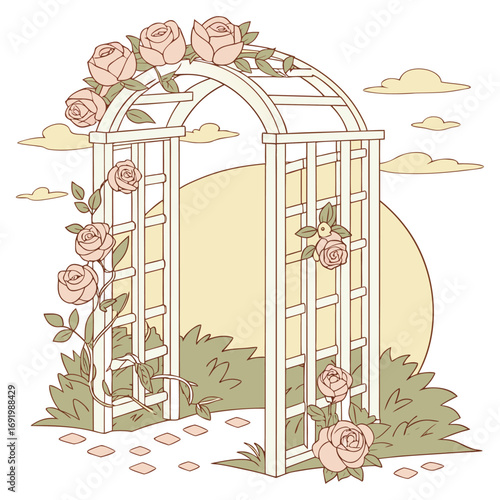 Romantic wedding ceremony arbor adorned with layers of soft pink and ivory roses, ivy vines curling through latticework, backlit by glowing sunset, with