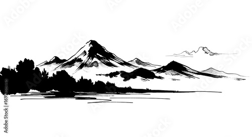 Artistic Japanese mountains painting style in monochrome watercolor with transparent background